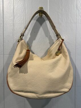 Brahmin Cream Pebbled Leather Shoulder Bag Tassel Brown Croc Accents